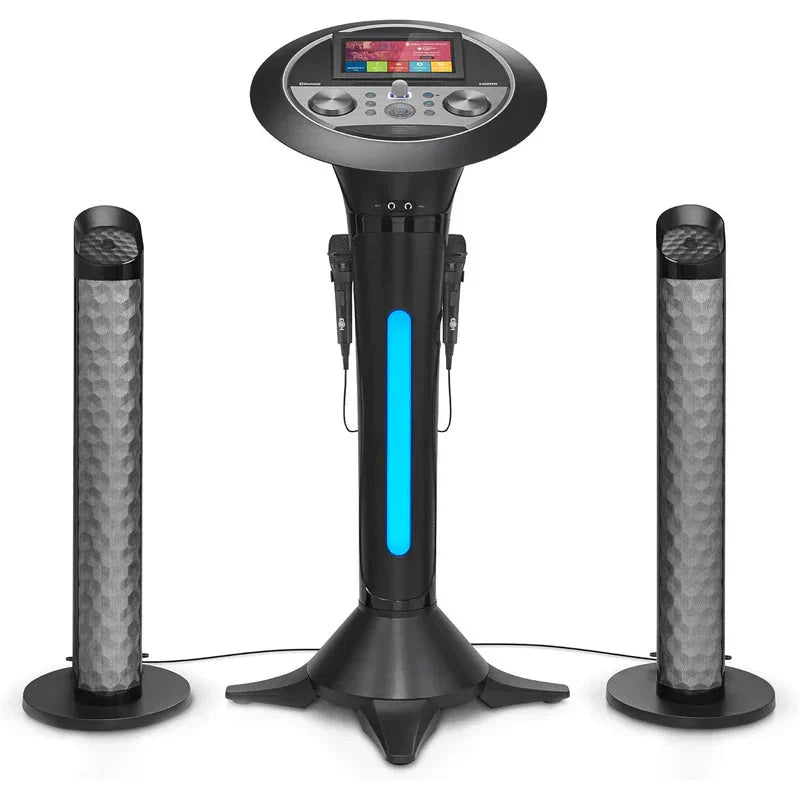 Portable WiFi Karaoke Machine for Adults - Black Pedestal with 7" Touchscreen, Built-In Speaker, Bluetooth, Recorder & 2 Wired Microphones